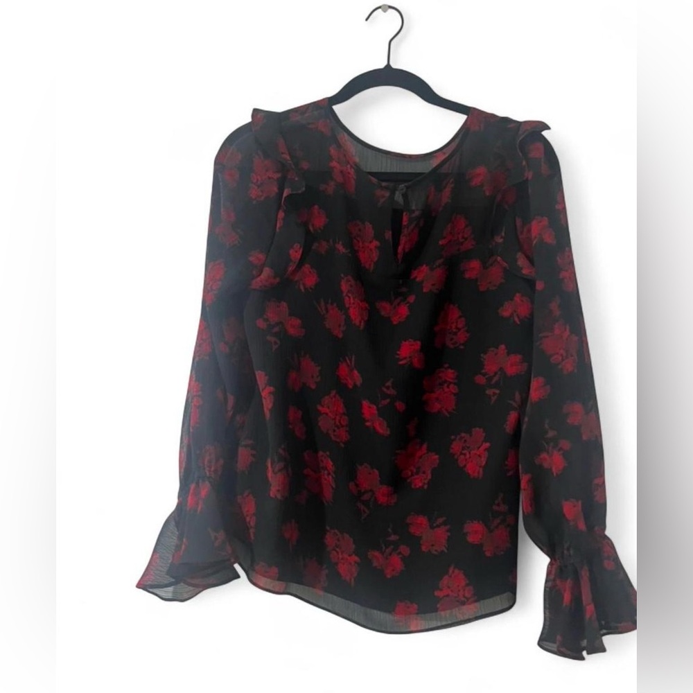 Worthington Black Blouse with Red Floral Design